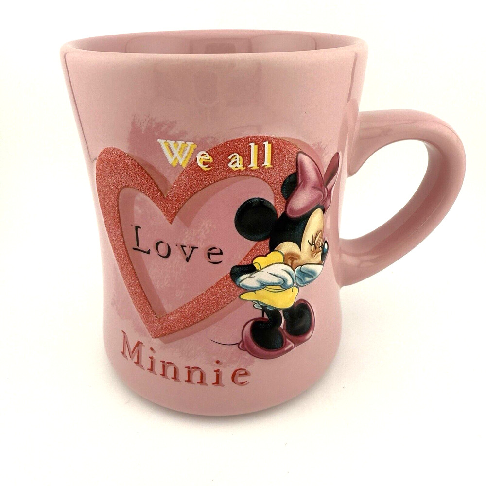 Minnie Mouse Mug "We All Love Minnie" Pink 3D Heart Coffee Disney Parks 4.5 "